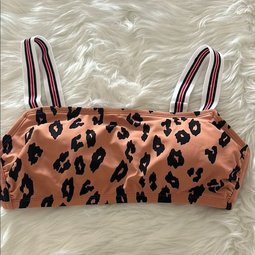 Leopard Print Swim Top with Striped Straps Size D/DD